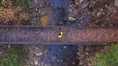 un hombre con una chaqueta amarilla brillante cruza un puente peatonal sobre un arroyo en el bosque visto desde arriba
