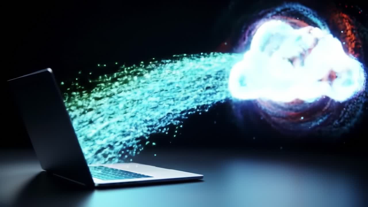 A Surreal Visual Journey: A Laptop Expelling a Colorful Stream of Energy and Light Creating an Ethereal Cloud in a Darkened Environment