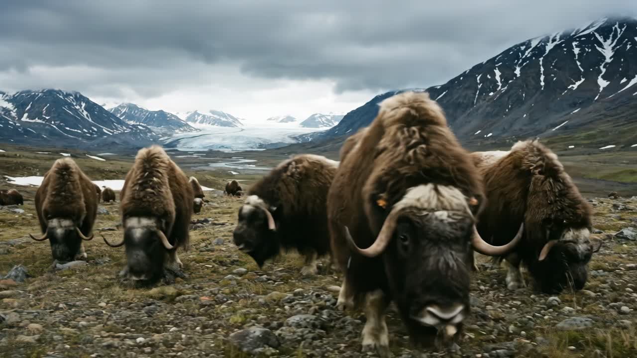 Manada de bois-almiscarados pastando em paisagem montanhosa ártica com geleira