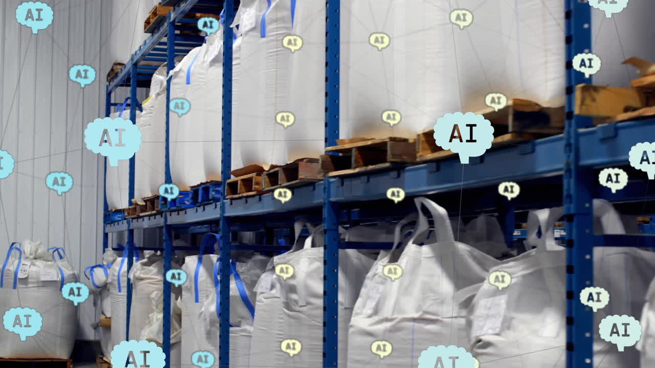 큰 저장 가방과 함께 창고 선반 위에 아이콘과 구름 기호