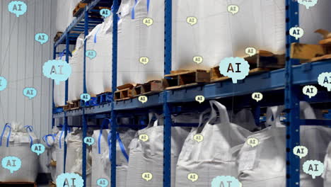 íconos y símbolos de nubes sobre estantes de almacén con grandes bolsas de almacenamiento