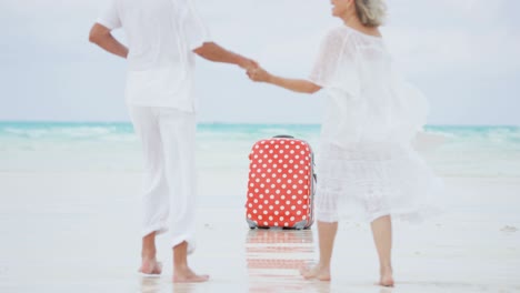 male female caucasian seniors on beach with suitcase