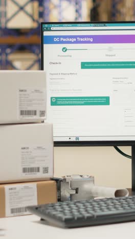 vertical video empty distribution hub with big industrial storage racks filled with packages