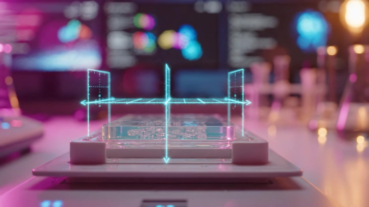 Innovative Laboratory Technology Showcasing Transparent Display with Data Visualization in a Modern Research Environment Illuminated by Colorful Lights