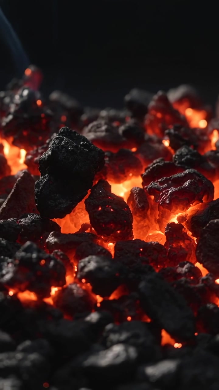 Video verticale: Pezzi di carbone pulsanti che emettono un sottile fumo grigio-bluastro, il calore della griglia fa brillare le braci.