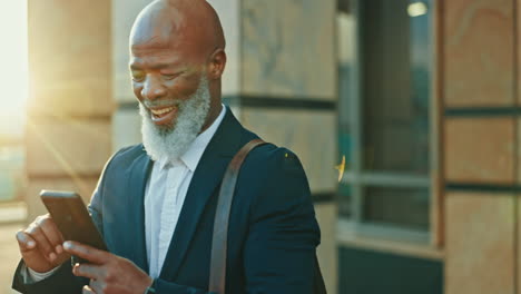 Phone,-black-man-and-funny-in-city-for-business