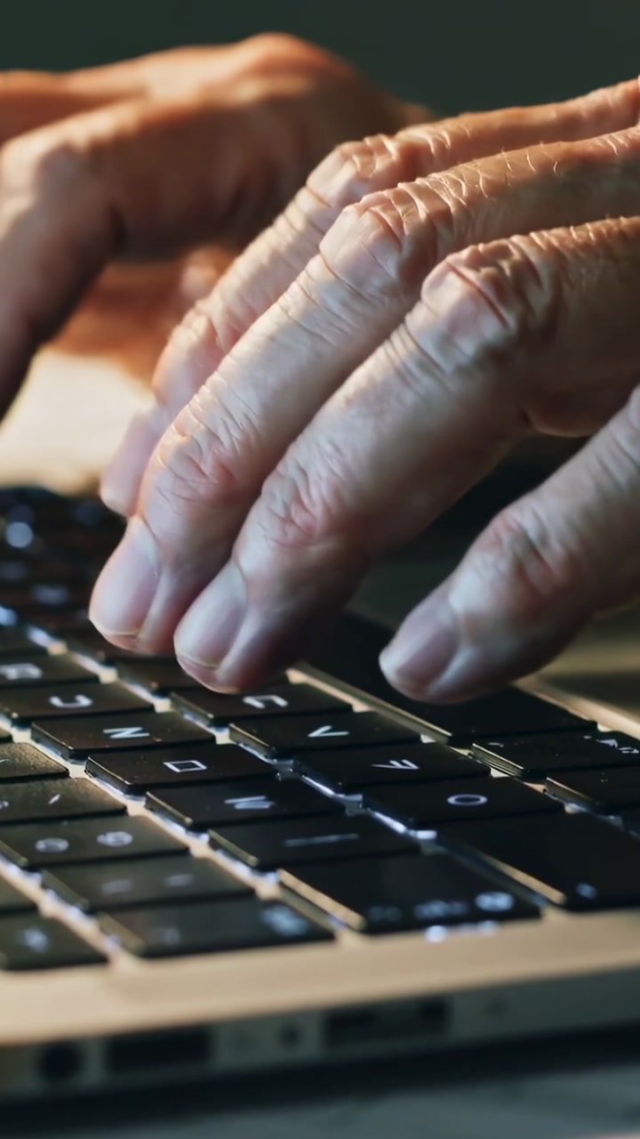 Vertical video: Hovering veined hands settling into typing on laptop keyboard, editing document