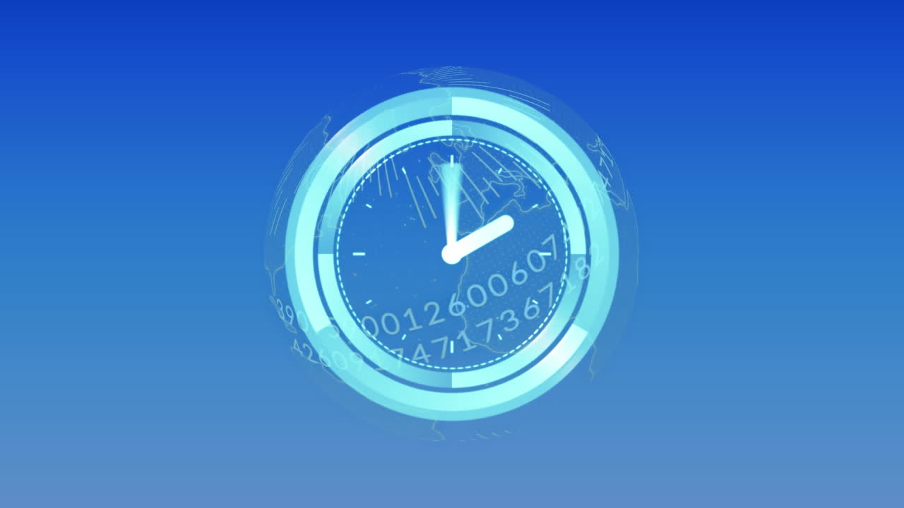 Animation of clock moving fast over globe with numbers on blue background