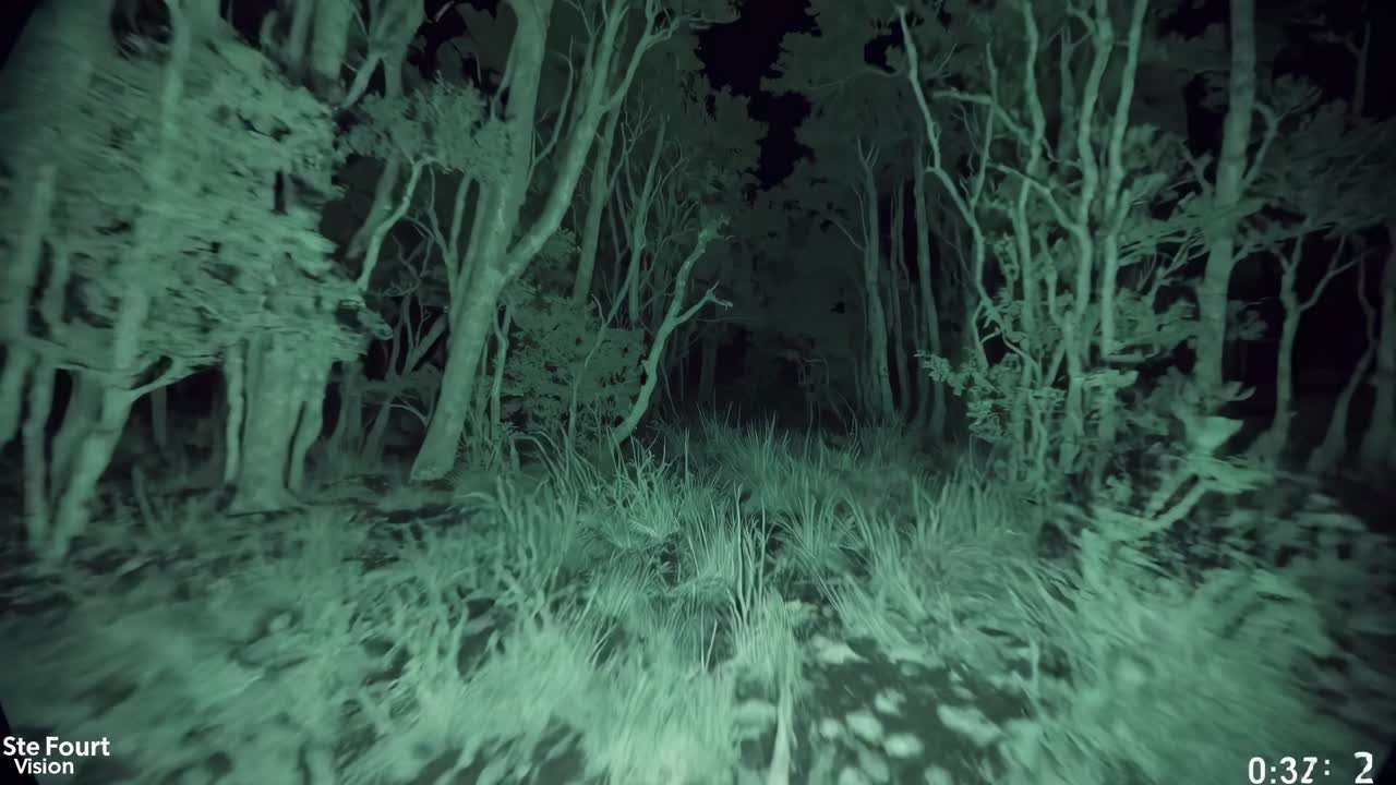 Night vision video captures a forest scene from a first-person perspective, creating an eerie