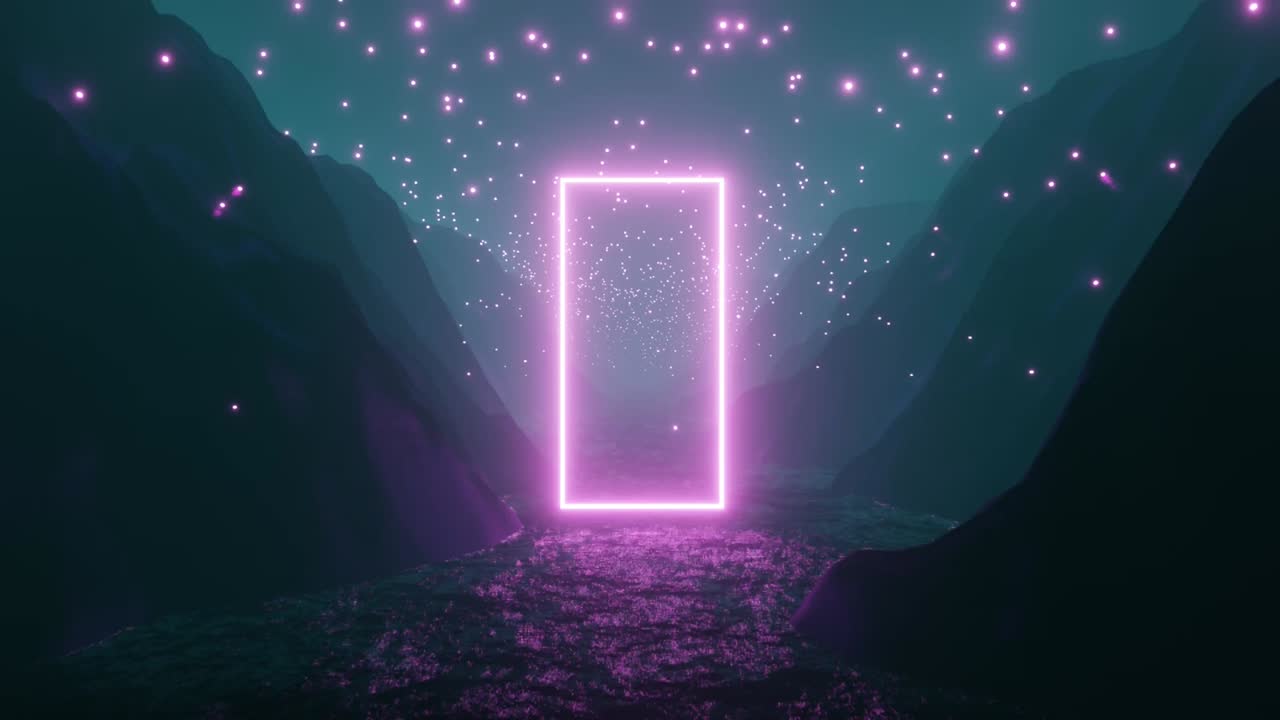 아름다운 자연 환경의 4k 영상 애니메이션으로 핑크색 빛나는 입자와 네온 직사각형이 강에서 나옵니다.