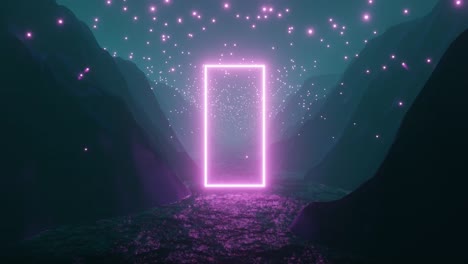 animación de video en 4k del hermoso entorno natural con partículas rosadas brillantes y un rectángulo de neón que sale del río.