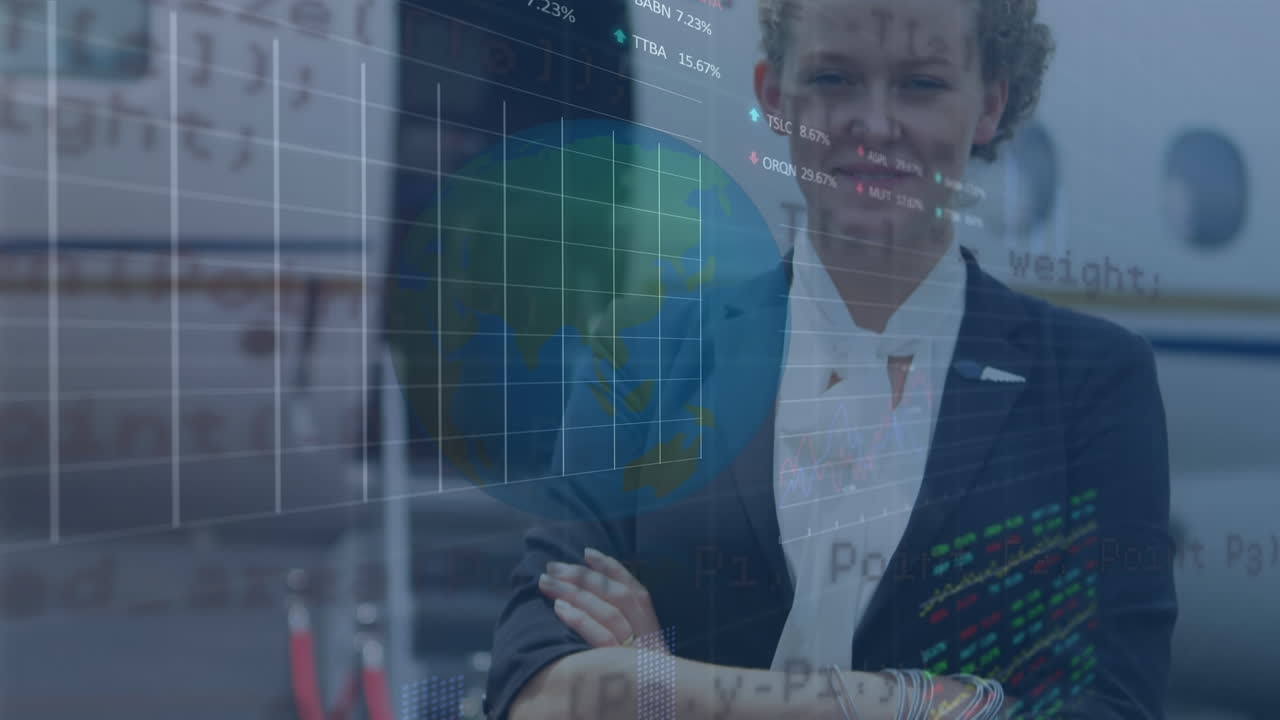 animación del procesamiento de datos sobre una feliz mujer de negocios caucásica con los brazos cruzados