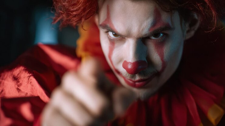 Clown intenso che fissa direttamente la fotocamera con espressione minacciosa e dito teso, creando un'atmosfera spettrale e giocosa in condizioni di scarsa illuminazione