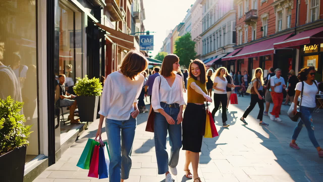 Three Women Enjoying a Shopping Trip on a City Street