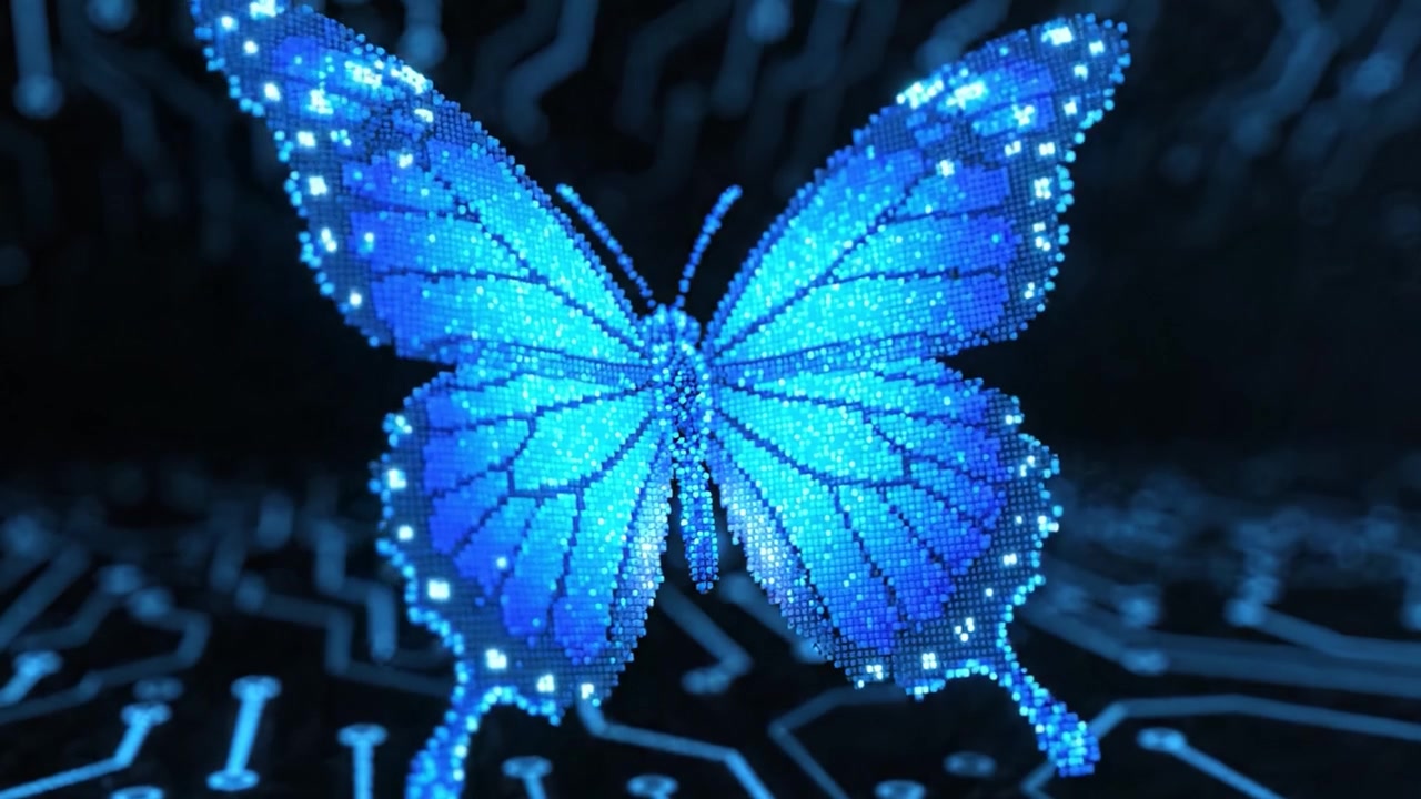 Una farfalla digitale in movimento: uno spettacolo incantevole di luminescenza bluastra ed eleganza tecnologica su uno sfondo a circuiti