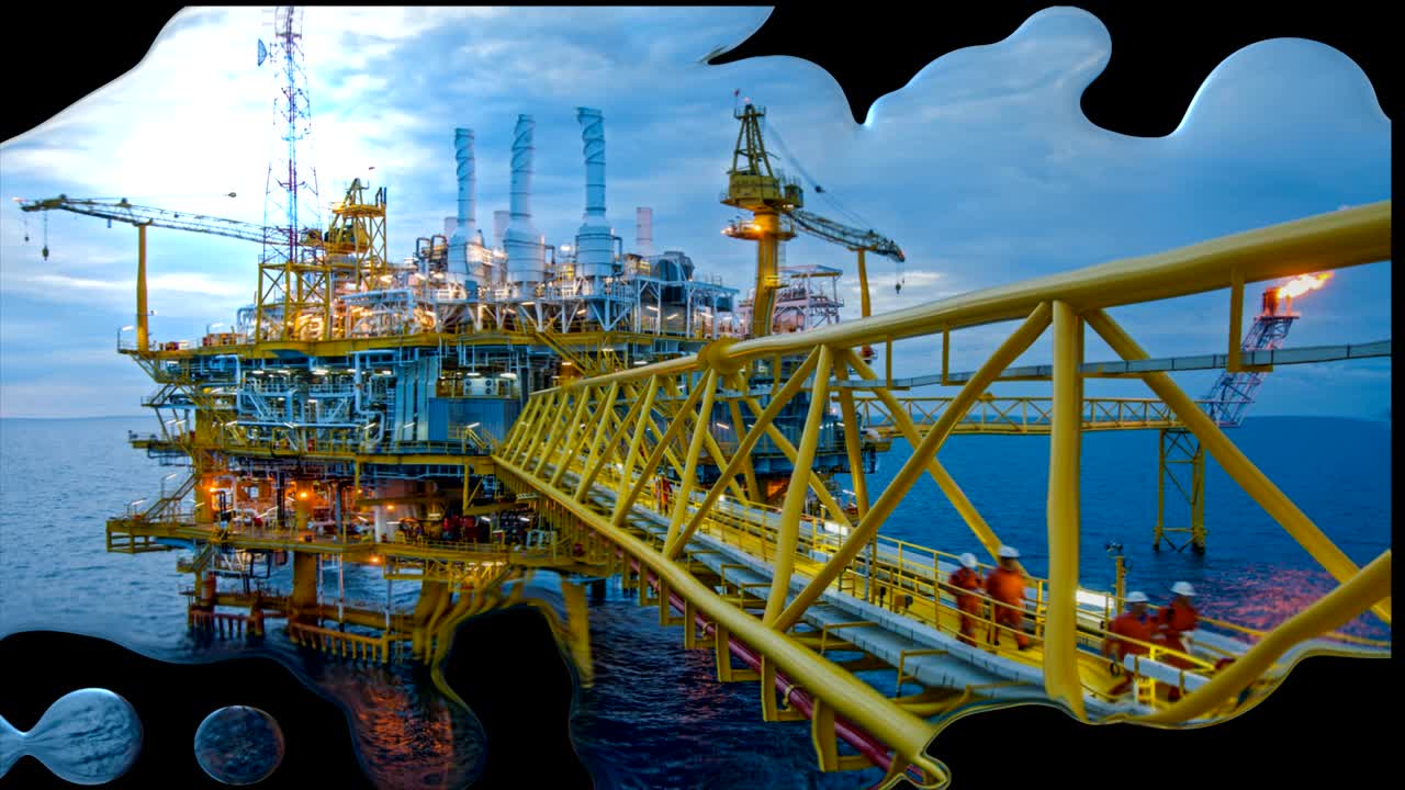 Offshore boreplatform med kviksølvvæskeeffekt i baggrunden