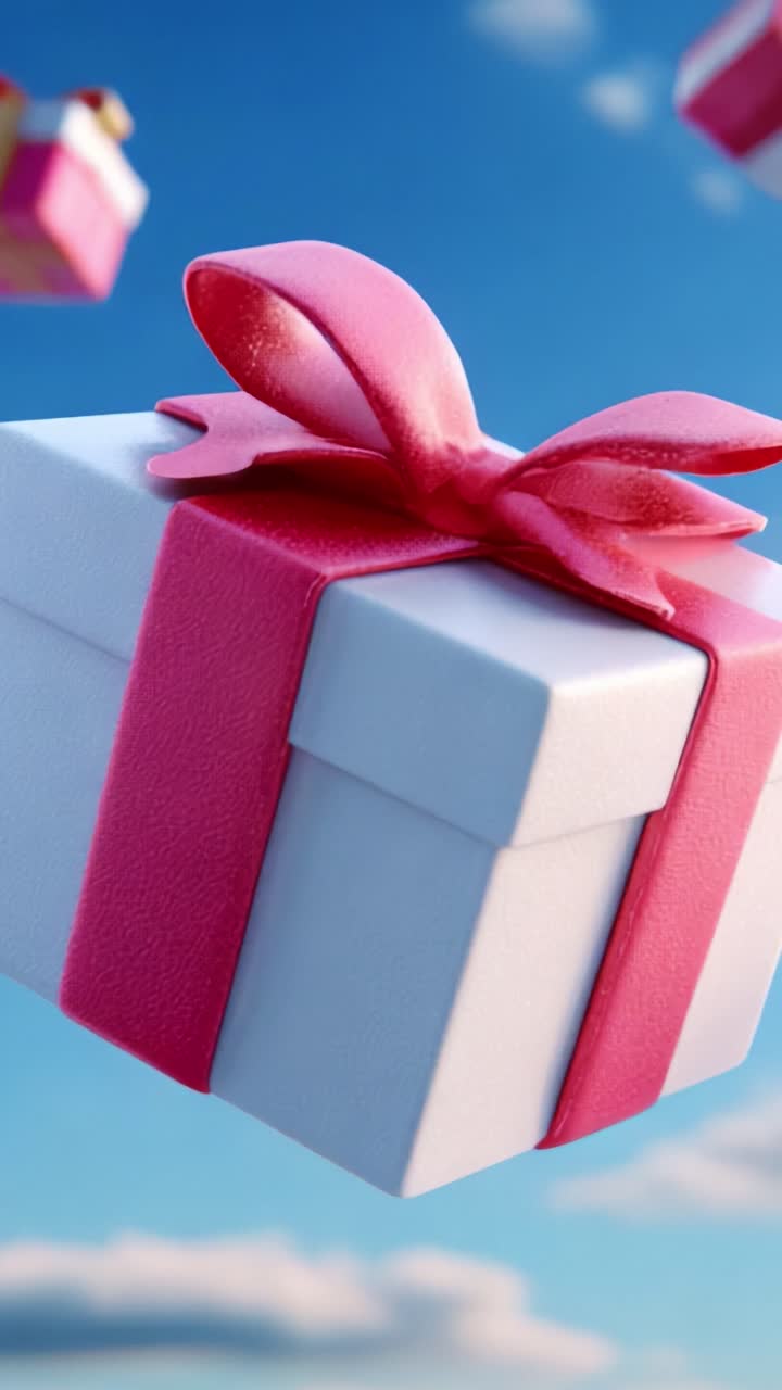 Floating Gift Box with Pink Ribbon in a Bright Sky Setting: A Cheerful Visualization of Celebrations and Surprises Captured in a Beautiful Frame, Emphasizing Joy and Anticipation
