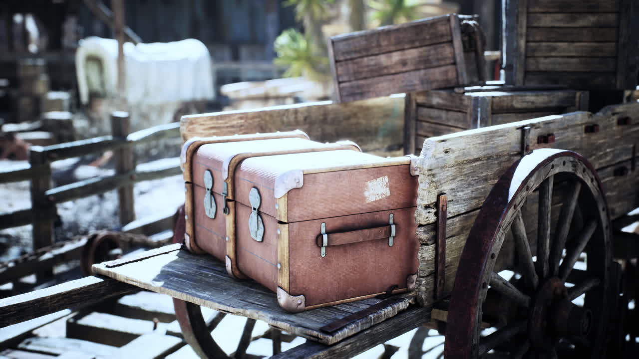 Vintage wooden cart with leather suitcases in an old western town setting