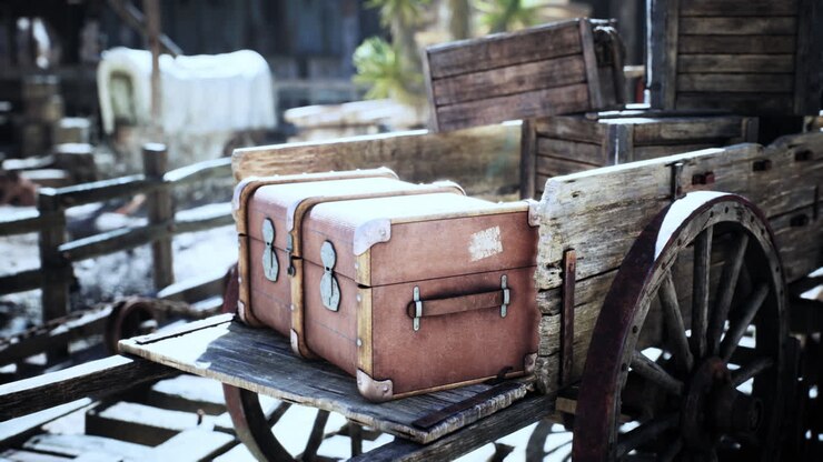 Carro in legno d'epoca con valigie di pelle in un vecchio ambiente della città occidentale