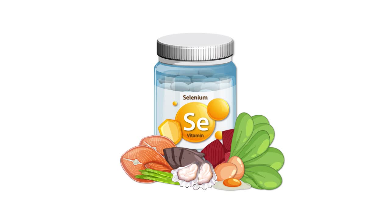 Selenium supplement bottle with vegetables and nuts gradually appearing, clean white background, smooth transitions