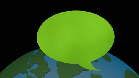 animation of green speech bubble over globe on black background