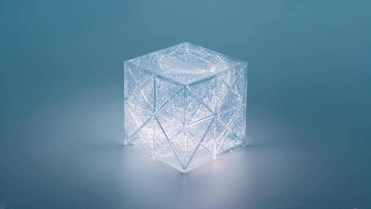 Hævelse af partikelfelt inde i glaskube, der omdanner wireframe til frostklar glød på et studiobord