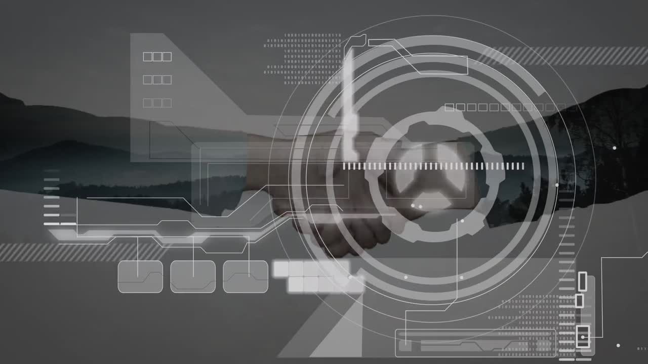 animación del procesamiento de datos sobre hombres de negocios caucásicos que se dan la mano
