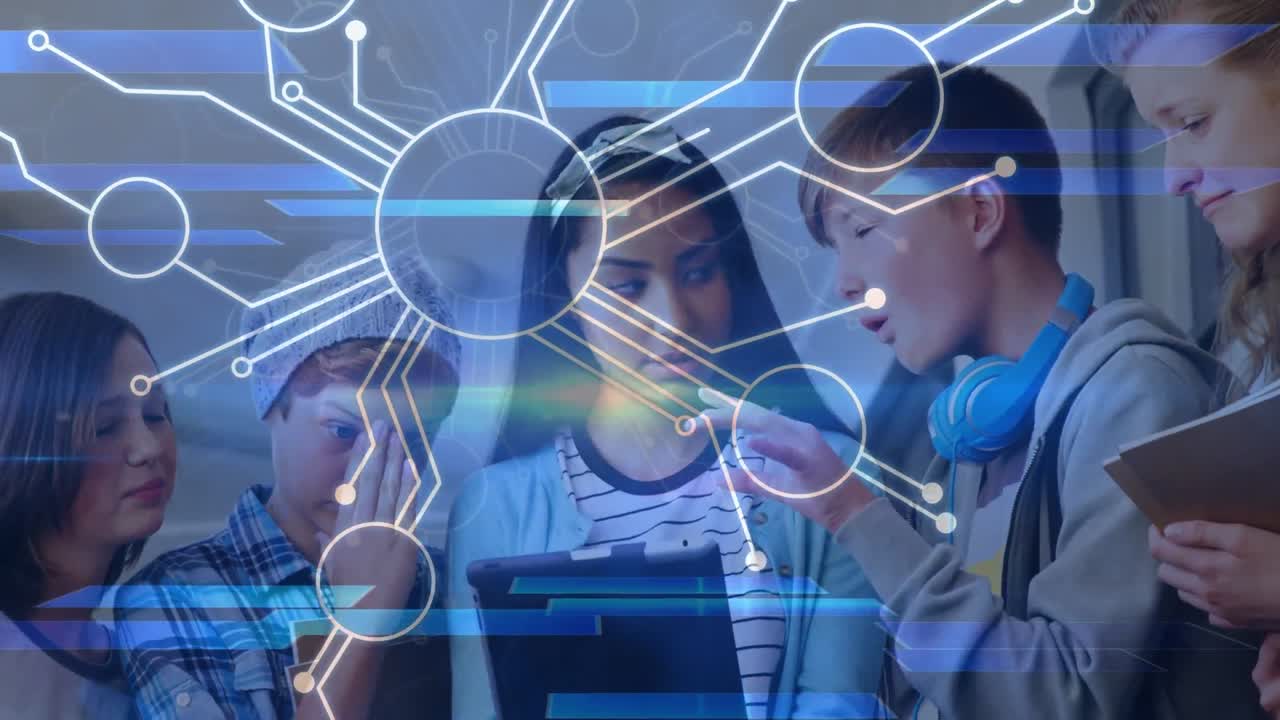 학교에서 태블릿을 사용하는 다양한 학생들의 연결 네트워크의 애니메이션