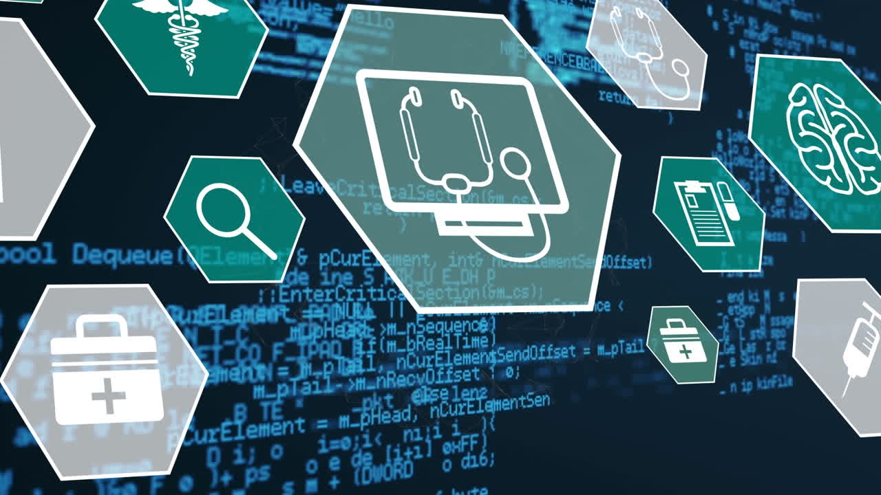 컴퓨터 언어를 배경으로 물리 다이어그램 위에 육각형의 아이콘의 애니메이션