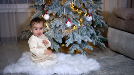 baby sitting by christmas tree