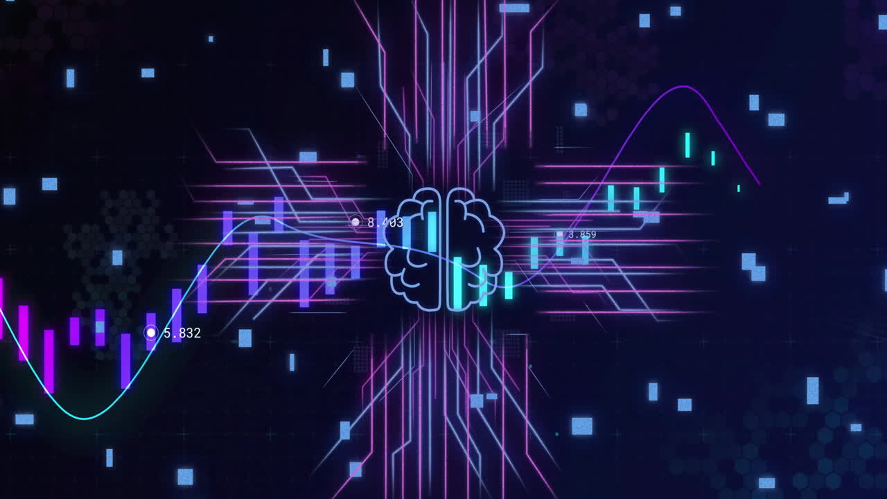 Brain icon with neon lines and financial data processing animation