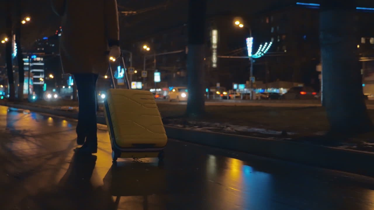 도시 의 거리 를 따라 트롤리 가방 을 들고 는 여자