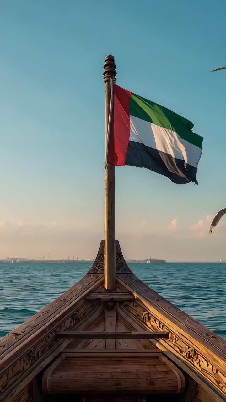 Vertical video: Gliding carved bow and mast to skyline over calm sea, breeze making UAE flag flap