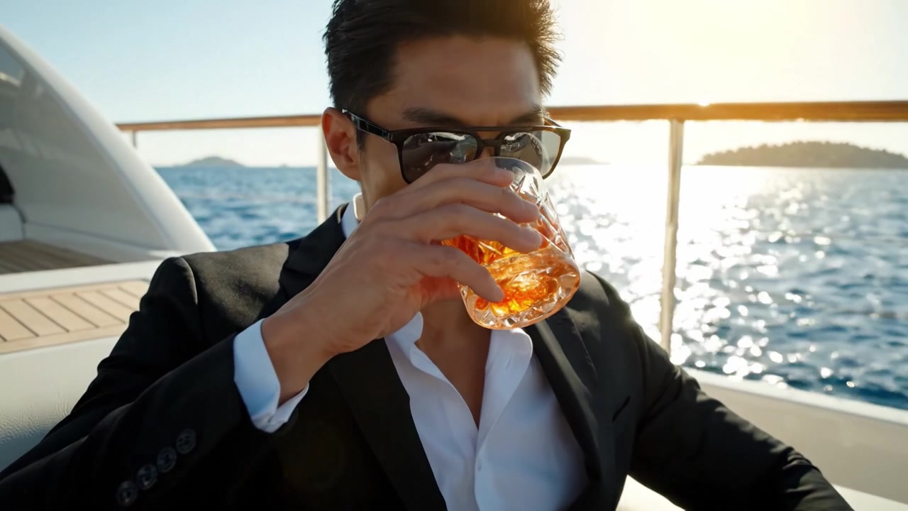 Un uomo sofisticato si gode un tramonto drammatico su uno yacht di lusso, sorseggiando un cocktail rinfrescante mentre ammira la serena vista sull'oceano