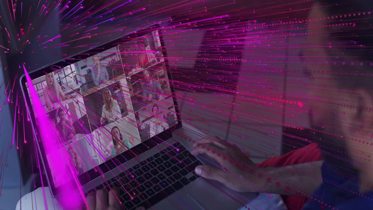 Man clicking pad, managing business meeting as magenta streaks sweeping and obscuring profile