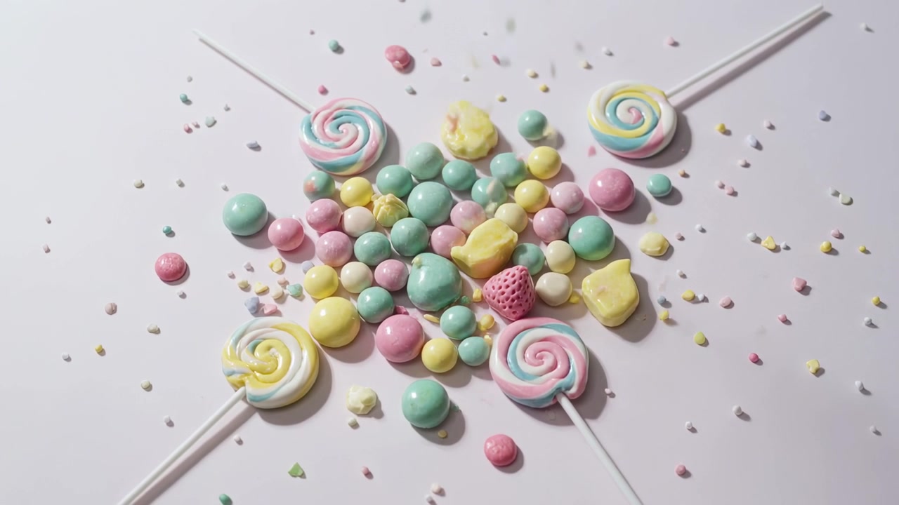 Eğilen kamera, beyaz masa üzerinde ortalanmış pastel kümesini, lolipopları ve kırıntıları sergileyerek ortaya çıkarıyor.