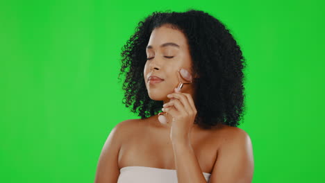 happy woman, face and roller on green screen