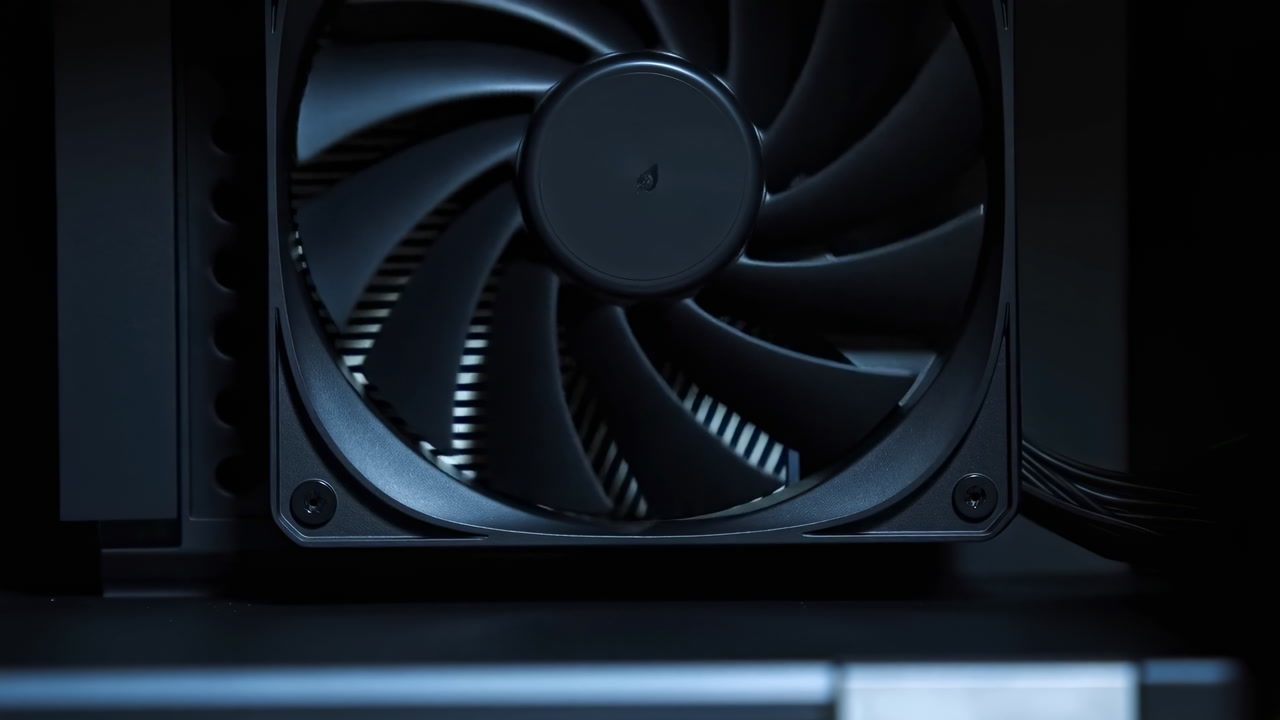 Closeup Gpu Fan Blades Spinning In Sequence Starting Accelerating Steady Spin Decelerating Under Blue Studio