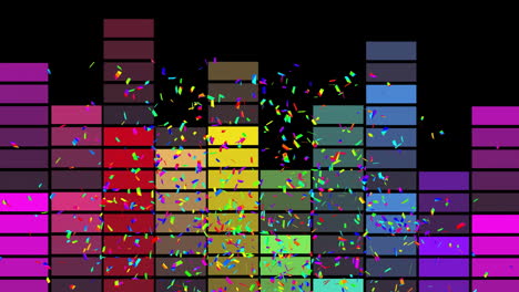 animation of confetti and graphic equalizer lights on black background