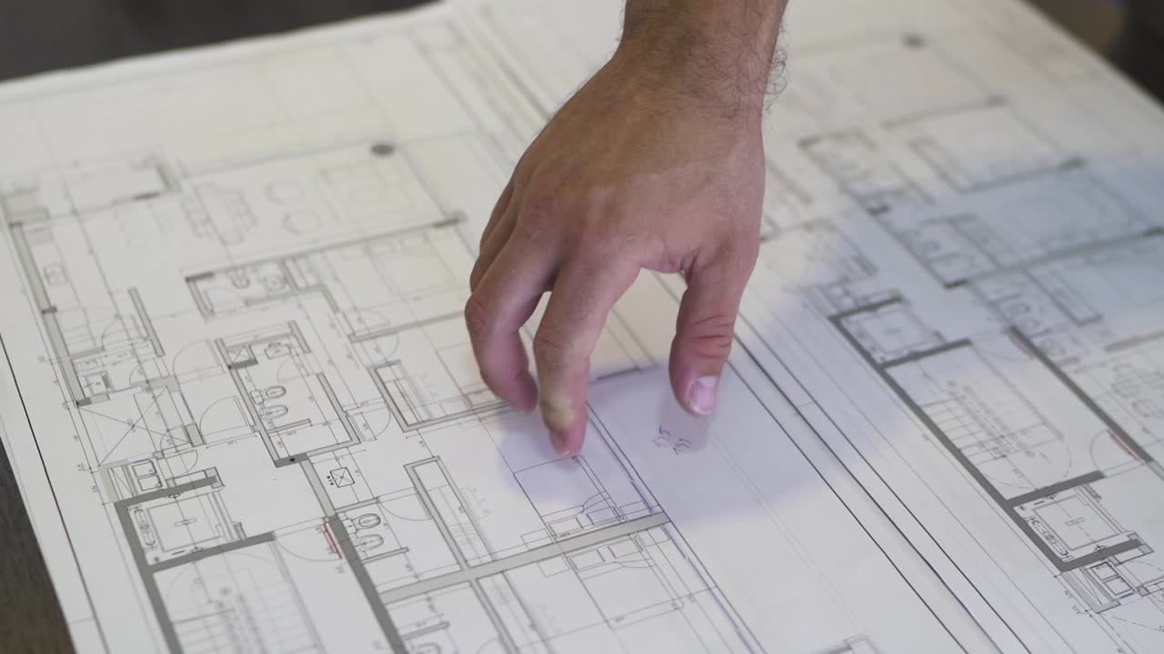 revelando el plan de un futuro hogar, un arquitecto mueve su dedo sobre el plano, haciendo que los planos cobren vida