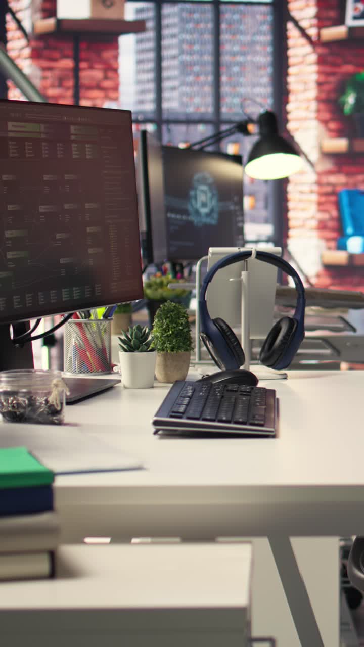 Vertical Video Digital workstation features multiple PC monitors running artificial intelligence