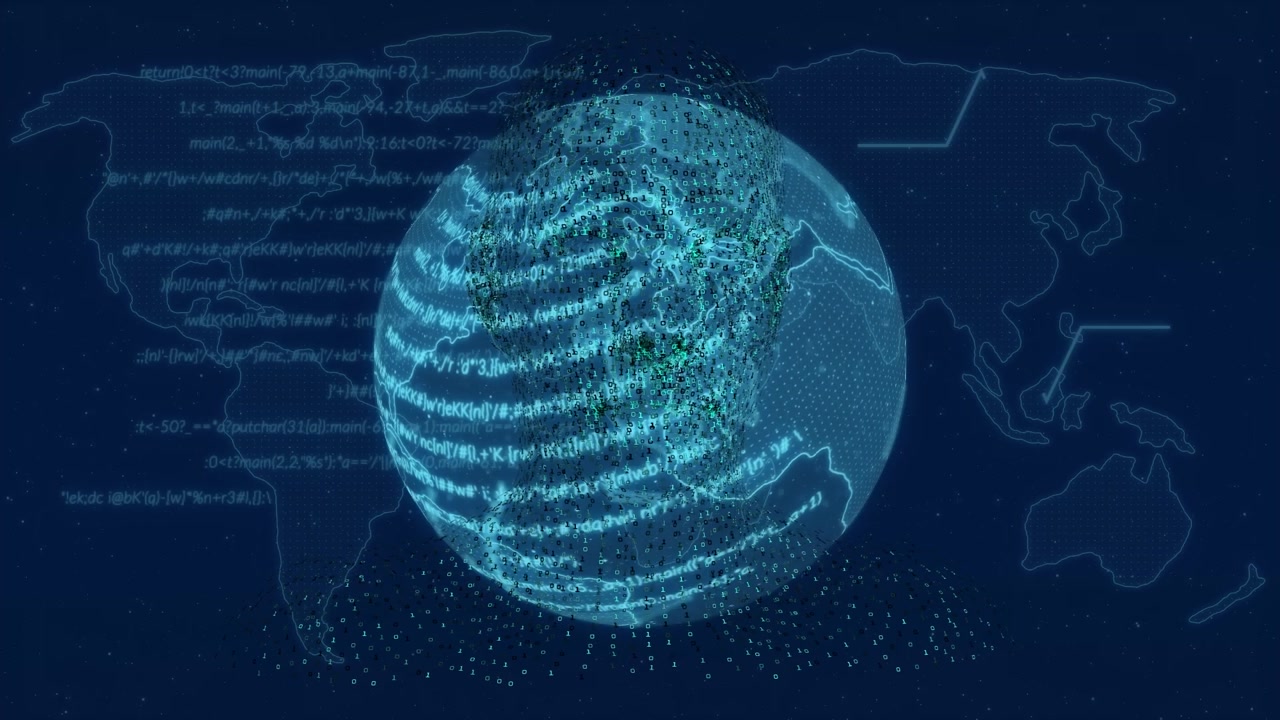 Animation of data processing ad heart rate over rotating globe on navy background