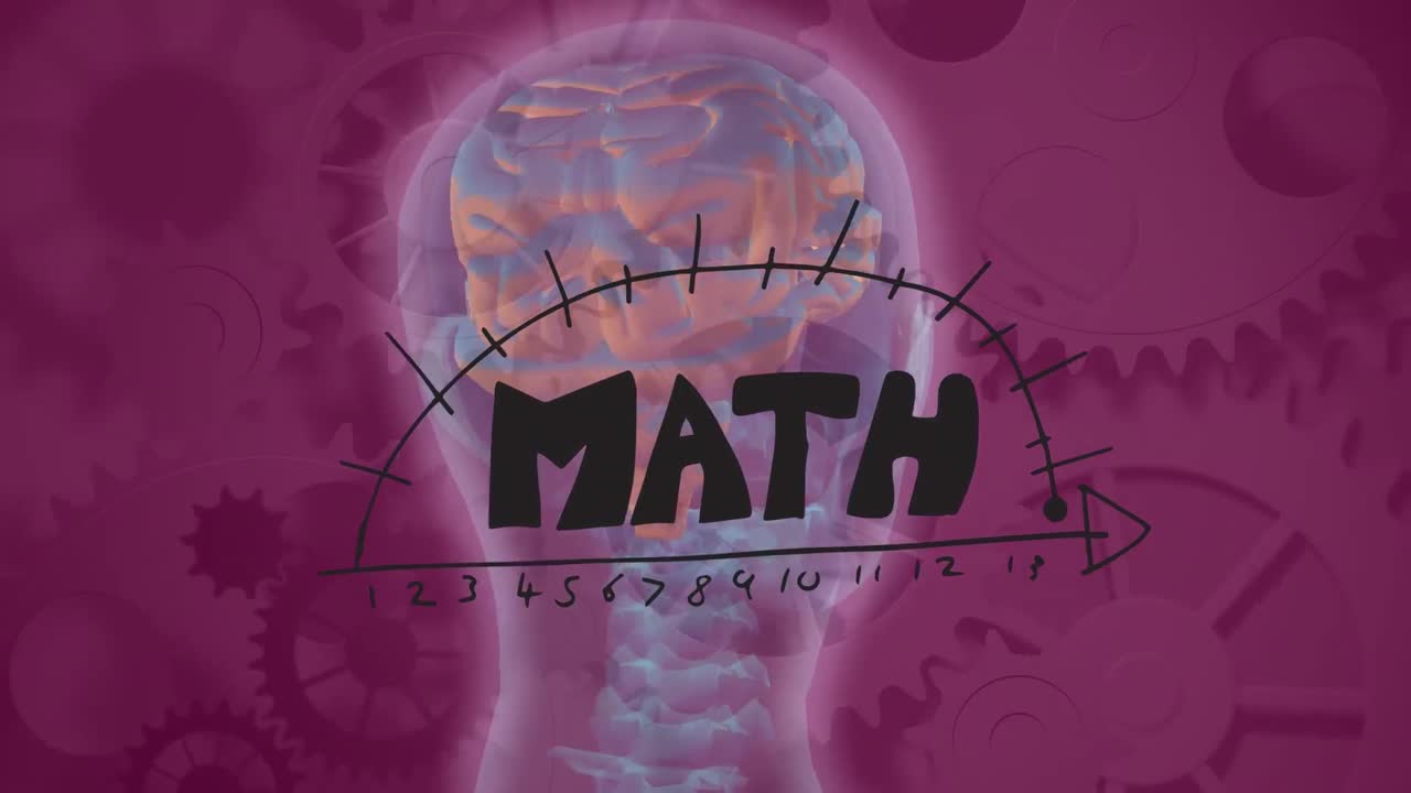 Animazione di testo matematico e cervello digitale su ingranaggi su sfondo viola