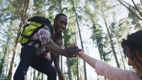 Sonriente-Pareja-Diversa-Tomados-De-La-Mano-Y-Caminando-En-El-Campo