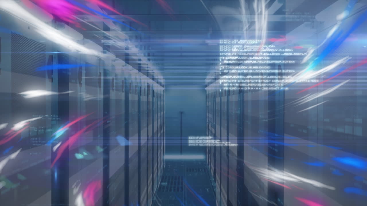 Animation of light trails with data processing over server room