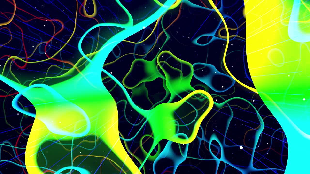 Motion graphic abstract colorful looped bg modern art, fly in art space, multilayer structure with pattern, glow particles and lines. Ornamental texture rainbow gradient color. Motion design vj loop.