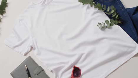 Video-Von-Weißem-T-Shirt,-Jeanshose,-Notizbuch-Und-Kopierraum-Auf-Weißem-Hintergrund