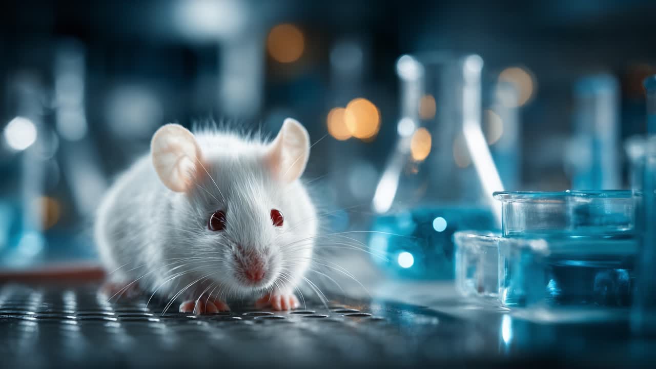 A Close-Up of a White Laboratory Mouse in a Scientific Setting Surrounded by Glassware and Blue Liquid, Capturing a Moment in Research Environment