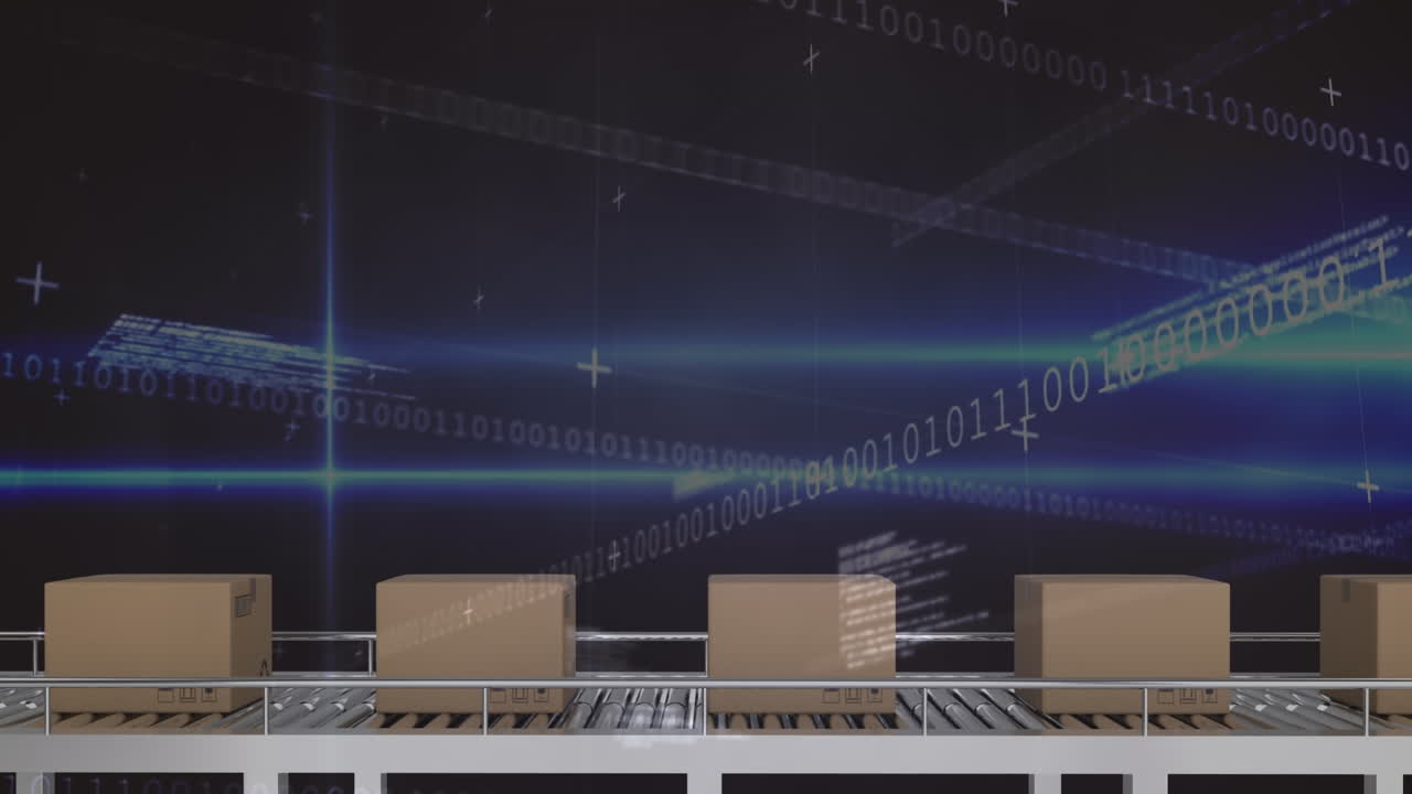 컨베이어 벨트에 있는 상자 위의 데이터 처리의 애니메이션