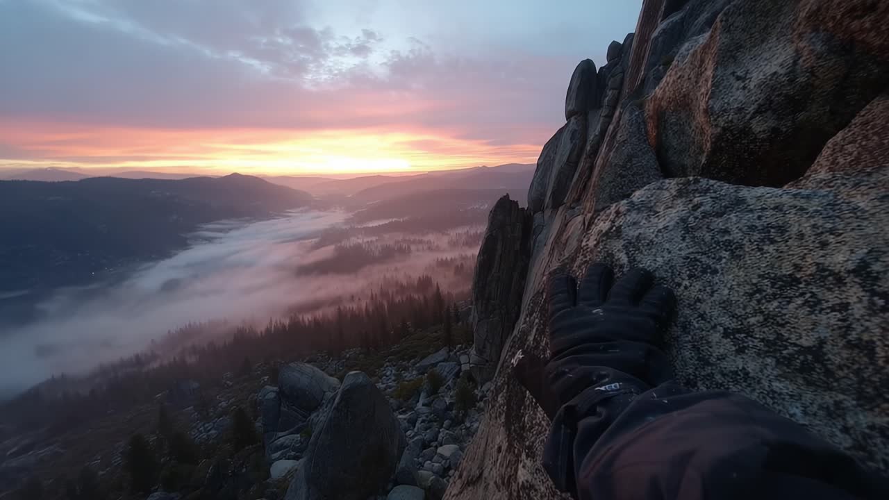 A Breathtaking Sunrise Climb: Witnessing the Beauty of Nature from a Peak Overlooking a Misty Valley with Vibrant Hues of Dawn Illuminating the Landscape